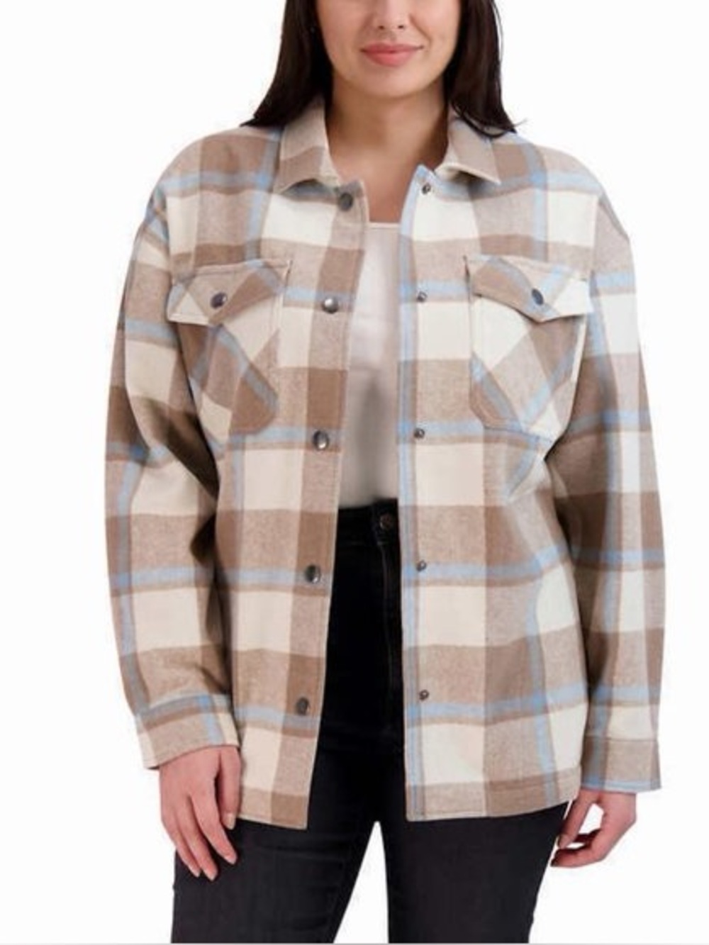 HFX Plaid Shacket Oversized Button Snap Jacket Beige Blue Women’s Large